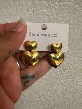 Gold Tone  Heart Double Drop Earrings - Stainless Steel